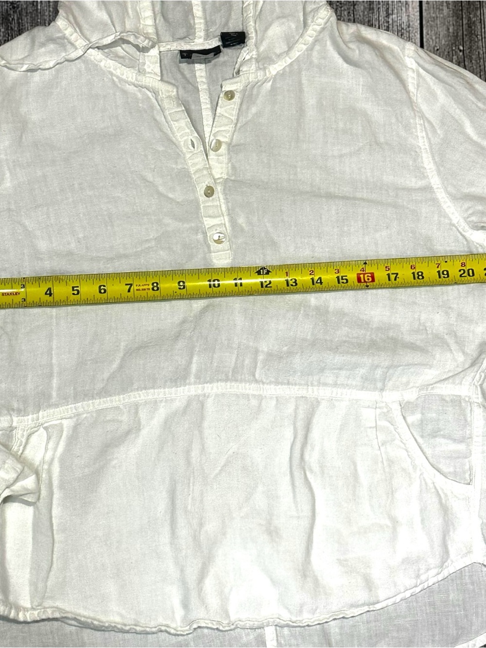 Tahari 100% Linen Hooded Henley Tunic Top Women’s M White Kangaroo Pocket - Picture 3 of 7